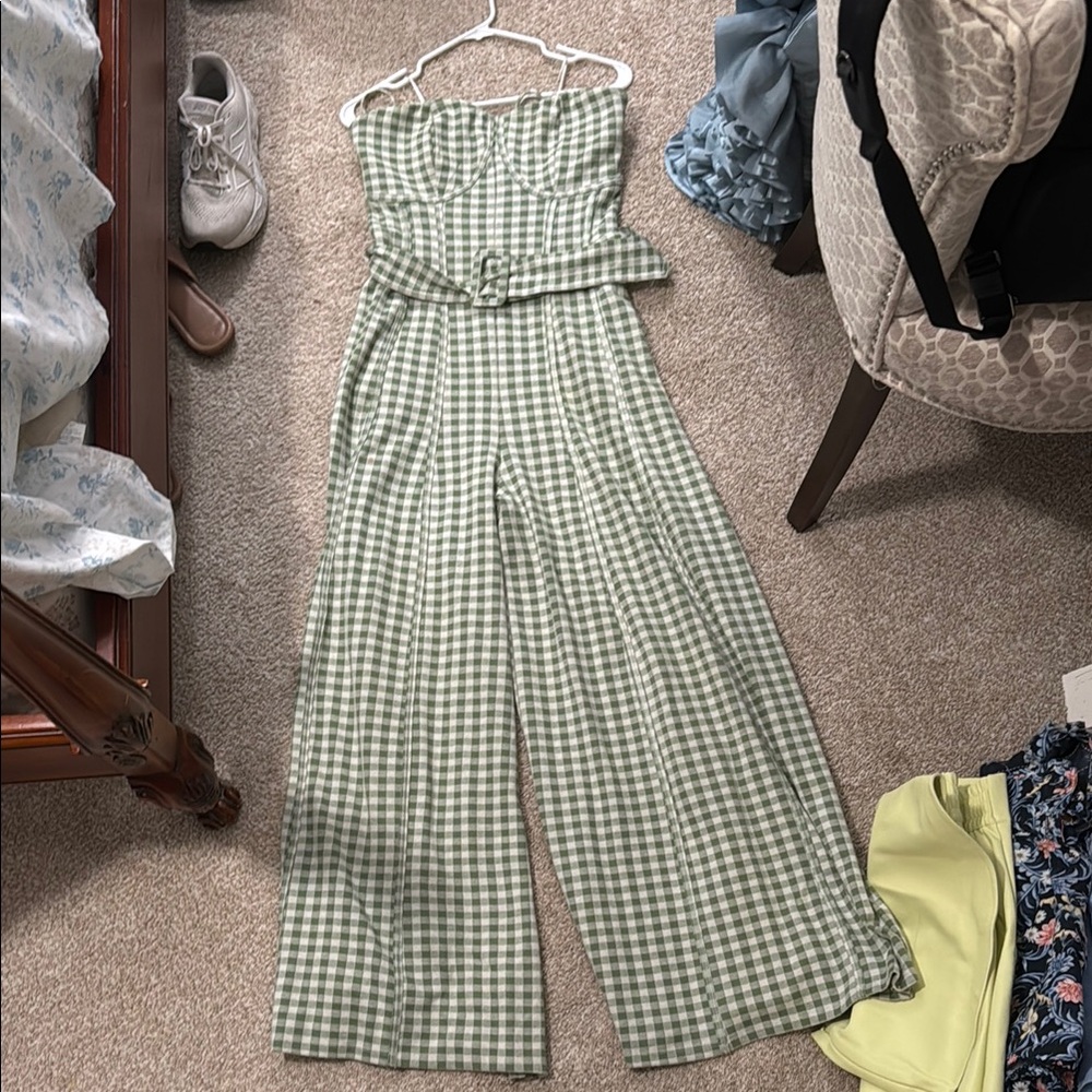 Free people Green Checkered Sleeveless Jumpsuit with Wide-Leg Design